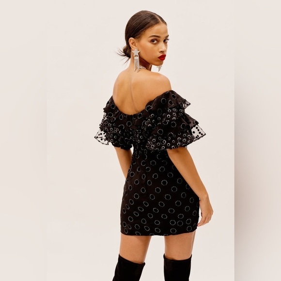 For Love & Lemons Mini Dress Off Shoulder Adella Party Dress in Black Polka Dot - Picture 4 of 13